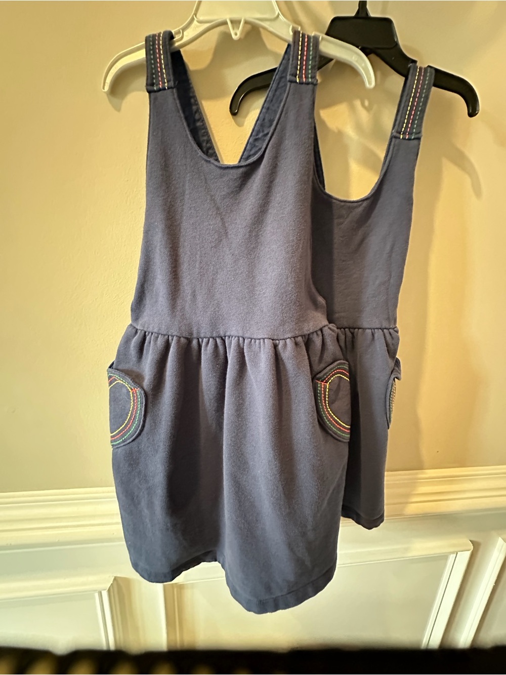 Mini Boden Girls Navy Blue Pinafore Dress with Rainbow Stitching